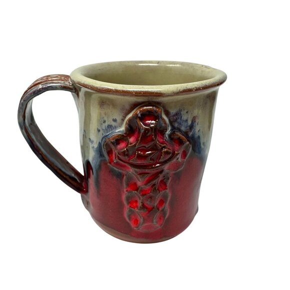 Handcrafted Ceramic Coffee Mug Redware Drip Glaze Rustic Cross Floral Handle - Picture 2 of 16